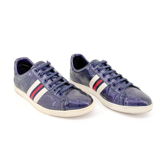 Gucci Low Top Sneakers EU 37 US 7 Navy Blue GG Monogram Impreme Logo Ace Shoe